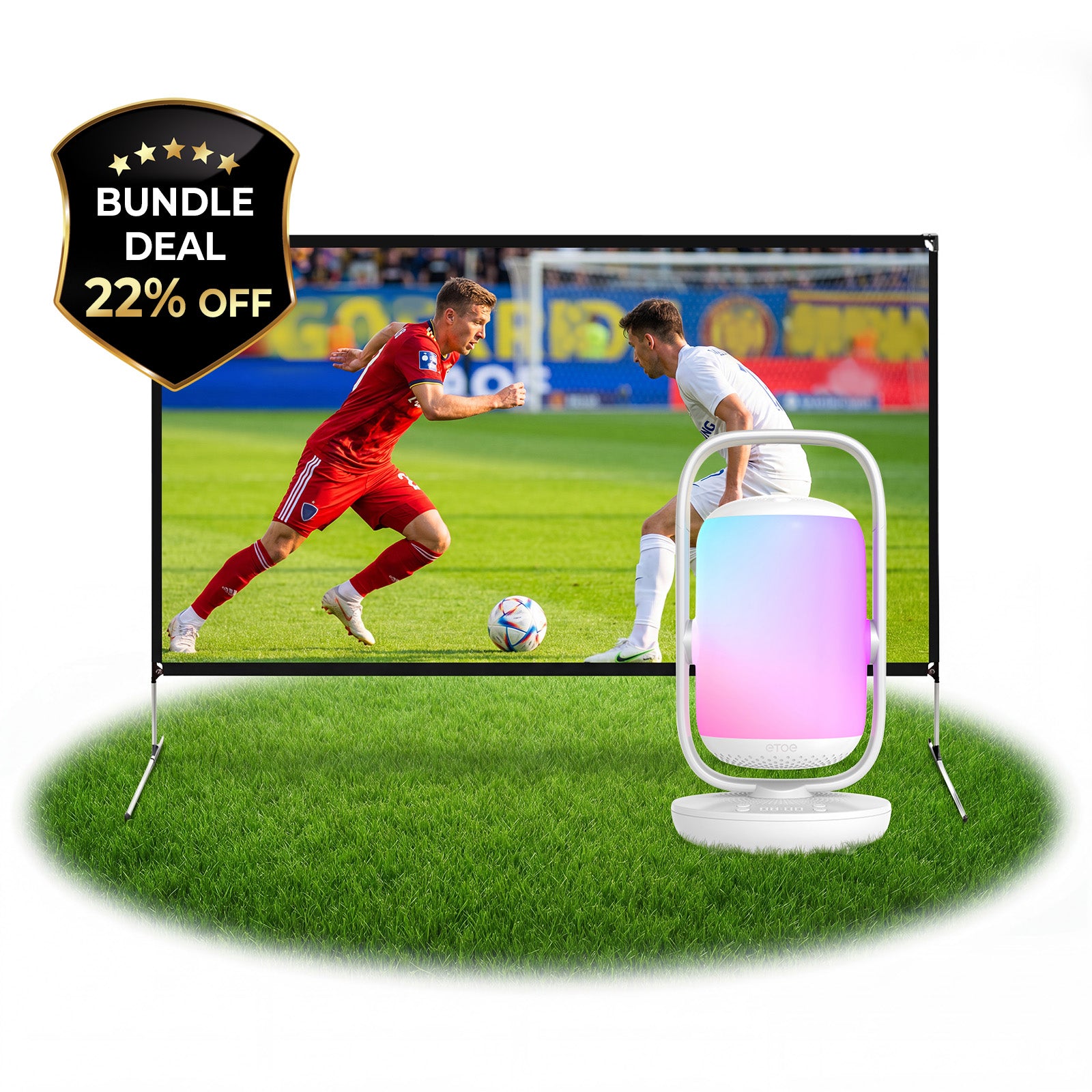 A large outdoor projection screen displaying a soccer match, shown with a white portable projector in front of it on a green grass-like circular base. A black promotional badge in the top left reads 'BUNDLE DEAL 22% OFF'.