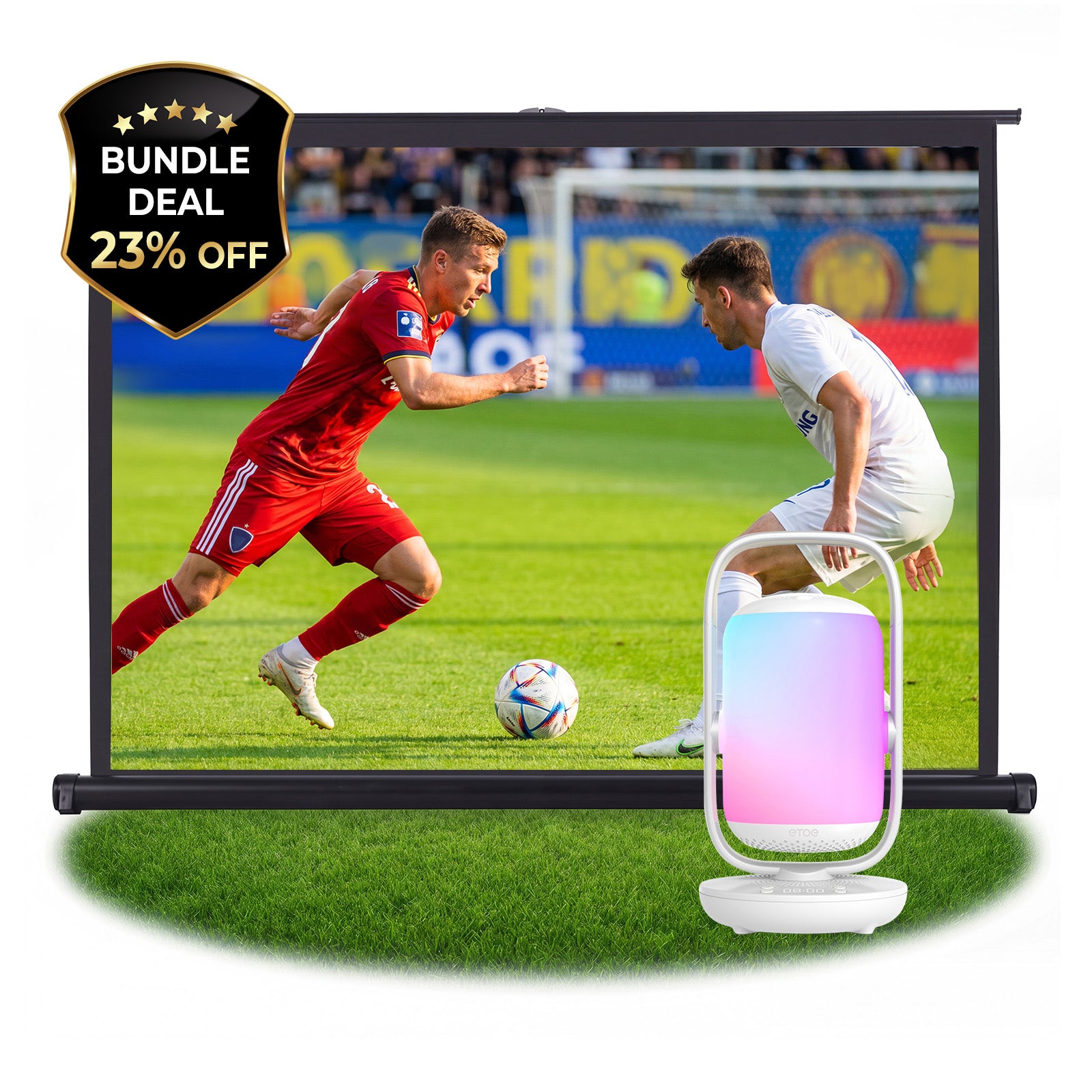 A projector screen bundle offer shown on a white background, featuring a large screen displaying a soccer match and a small white portable projector in front. A black promotional badge in the top left reads 'BUNDLE DEAL 23% OFF'.